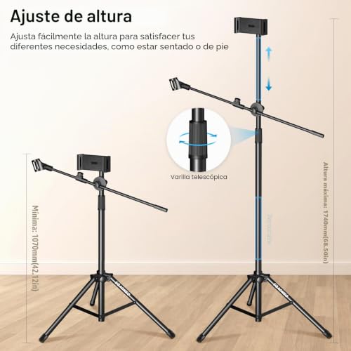 Aokeo Microphone Stand, Microphone Stand Floor, with Adjustable Tripod, Bag, Tablet Stand, Suitable for Any Microphone, Show, Singing, Speech