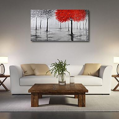 Sanbay Art 100% Hand Painted Oil Paintings on Canvas Hot Sale Abstract Red and Grey Tree Framed Inside 1-piece Set Artwork for Living Room Kitchen and Home Wall Decoration