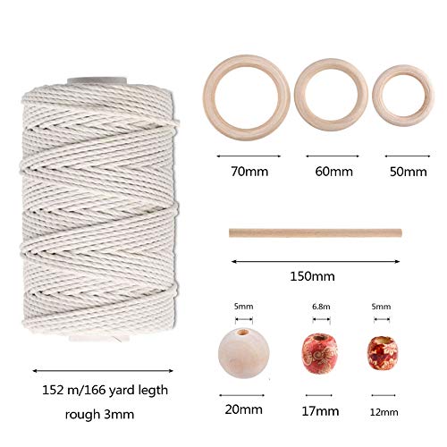 3mm Macrame Cord 166 Yards Natural Macrame Rope Macrame Supplies Macrame Wall Hanging Kit with 70 pcs Wood Beads 6pcs Wood Ring and 4pcs Wooden Stick for DIY Plant Hangers, Crafts, Knitting