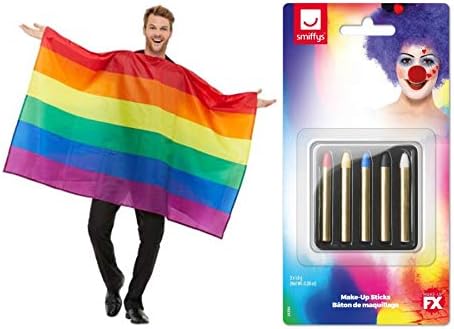 Fancy Dress World - Multi Coloured Pride Rainbow Flag Poncho 50978 with FREE Makeup Kit 24396 - Ideal for LGBT Gay Pride Carnival Events and MORE.