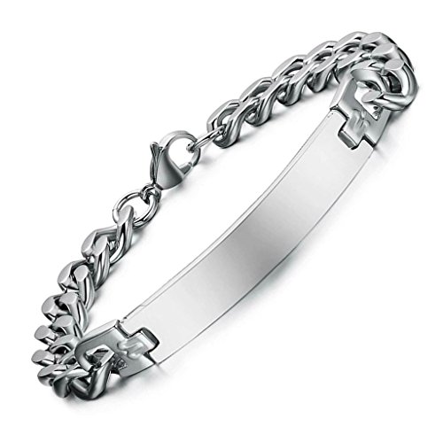 Mens Stainless Steel Bracelet Flat Smooth Curb Chain Lobster Claw 21.3CM Silver - Adisaer Jewelry