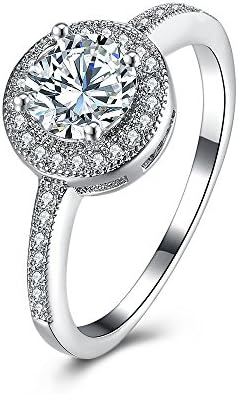 Round Cut Clear Stone 18K White Gold IP Plated Stainless Steel Halo Engagement Wedding Band Ring