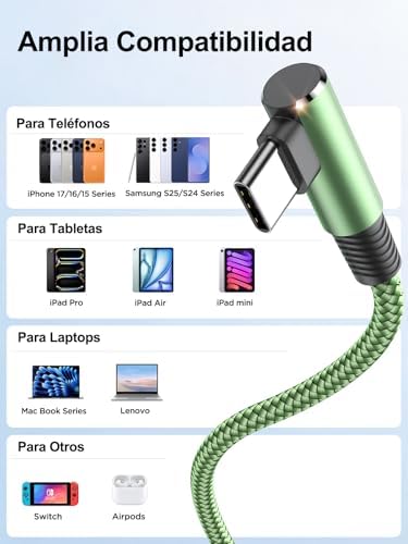 Cabo de carregamento rápido USB C, 3 pacotes 2M USB C para USB C PD3.0 Cabo de nylon USB tipo C 90 graus para iPhone 17 Pro Max Air 16 15, Galaxy S25 S24, iPad, MacBook, Pixel 10 9