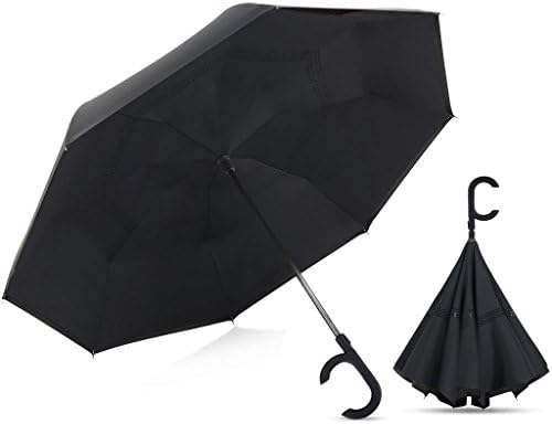 Large Reverse Folding Umbrella Inverted With C Handle Windproof Self Standing Auto Close| Upside Down Umbrella Protects From UV Rays &amp; Keeps You Dry | Gifts For Men &amp; Women by Broni | Black