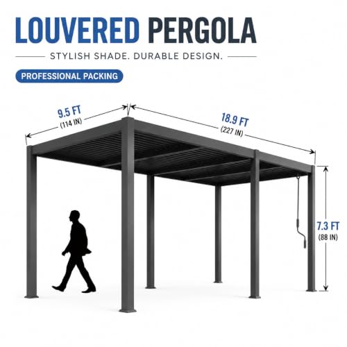 Louvered Pergola 10x20FT, Outdoor Aluminum Pergola with Adjustable Louvered Roof, Weather-Resistant Metal Pergola Shade Structure with Waterproof Curtains and Nets for Garden, Backyard, Poolside image 7