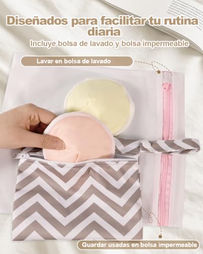 Oiomniv Discos de Lactancia Reutilizables, 14 uds, Bambú | 14 Discos · Alta absorción · Antifugas · Bambú OEKO-TEX® · Lavables · Anatómicos · Bolsa de lavado · Bolsa de viaje
