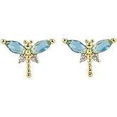 Dragonfly Tiny Stud Earrings for Women Blue Crystal CZ Insects Animal Small Studs Cartilage Earrings Tragus Piercing Post Lightweight Ear Jewelry