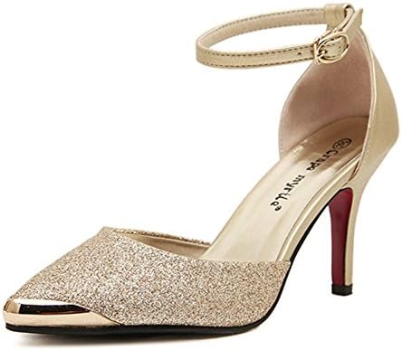 CHFSO Women's Sexy Pointed Toe Covered Heels Dress Stiletto High Heels Buckle Sandals Shoes With Ankle Straps Gold 7.5 B(M) US