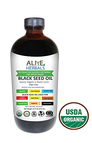 Alive Herbal Black Seed Oil Indian, Cold Pressed Organic -100% Raw, First Pressing, Unfiltered, Vegan & Non-GMO, No Preservatives & Artificial Color (16 oz. Amber Glass)