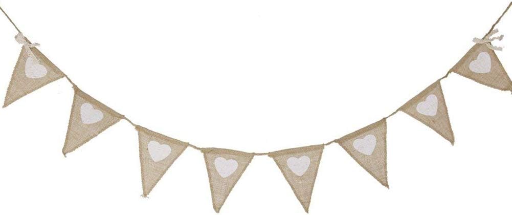 Newin Star Bunting Banners Love Heart Linen Bunting Hessian 8 Flags Banner Jute Fabric Triangle Pennant Garlands Vintage Cloth Shabby Decoration(1.8m/5.9ft)