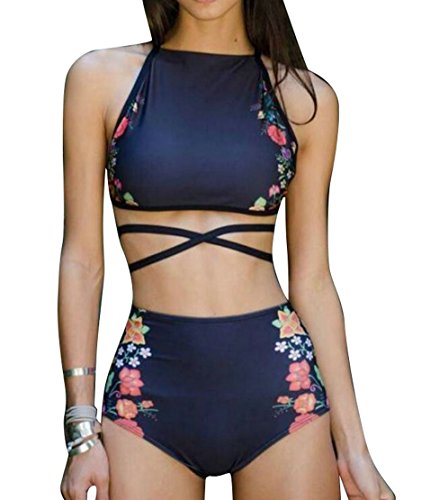 SYTX Womens Floral Print Bikini Set Lace-up Beachwear 2 Pieces Bathing Suit 1 S