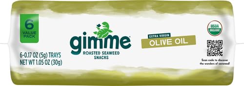 GIMME SEAWEED ORGANIC PREMIUM ROASTED SEAWEED SNACKS, EXTRA VIRGIN OLIVE OIL, 6 COUNT, KETO, VEGAN, GLUTEN-FREE, GREAT SOURCE OF OMEGA3S AND IODINE, HEALTHY ON-THE-GO SNACK FOR KIDS AND ADULTS