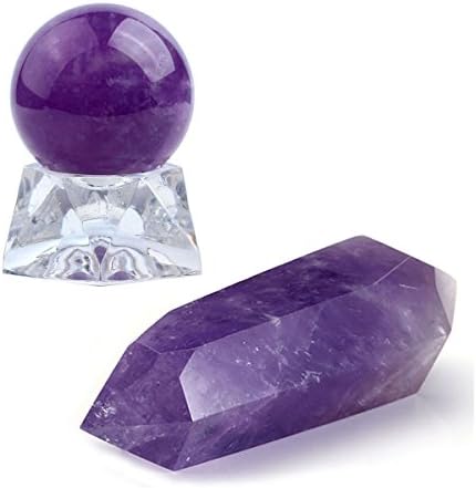 QGEM Natural Amethyst Chakra Sphere 35mm and Quartz Double Point Wand 70-85mm, Relaxing Gift Set for Reiki,Healing,Yoga, Meditation Set