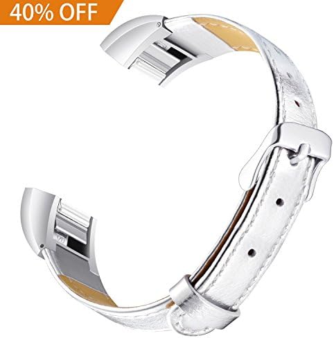 Konikit For Fitbit Alta HR and Alta Leather Bands, Classic Premium Genuine Leather Soft Slim Replacement Wristband Vintage Strap Accessories with Metal Buckle Clasp, Women Men, silver with white line