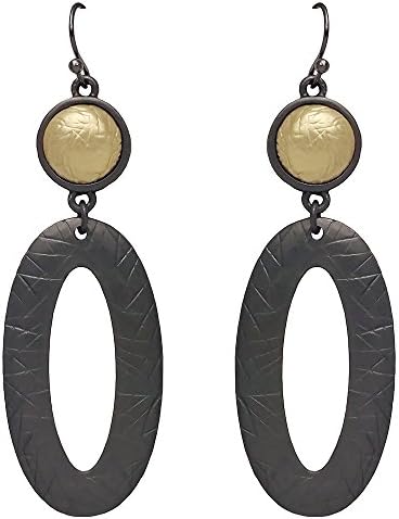 Seraphina New York Two Toned Round Disk Accented Open Oval Drop Fish Hook Women's Earrings (Hematite/Gold)