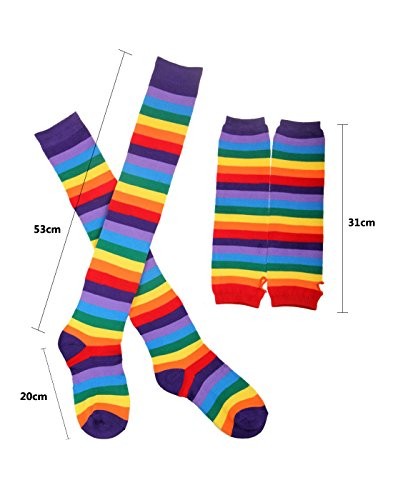 Womans Rainbow Stripe Knee Thigh High Socks and Long Arm Warmer Fingerless Gloves for Man Kids (SET A)