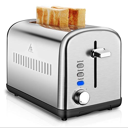 2 Slice Toaster, Stainless Steel Toasters Cool Touch with Extra-Wide Slots, Defrost/Reheat/Cancel Function, 7 Browning Dials and Removable Crumb Tray (Silver)