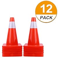 [ 12 Pack ] 18" Traffic Cones PVC Safety Road Parking Cones Weighted Hazard Cones Construction Cones for Traffic Fluorescent Orange w/4" Reflective Strips Collar