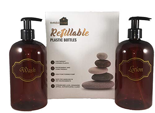 Bottiful Home- 16 oz Refillable Empty Amber PET Plastic Bathroom Soap and Lotion Dispenser Pump Bottle Set-Gold Printed-Black Pumps-Fully Waterproof, Rust-Free, Clog-Free, Drip-Free