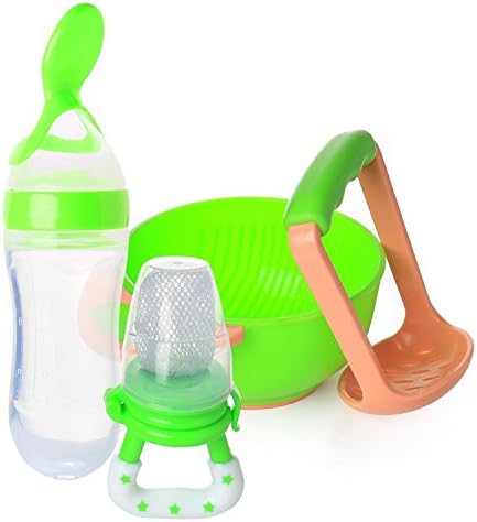 Baby Healthy Food Feeding โ Squeeze Feeding Spoon Dispenser | Feeder Teether Nibbler | PLUS Fresh Food Masher Feeding Bowl by PomPerfect (Green)