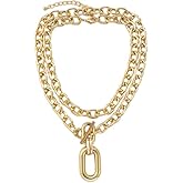 tenghong2021 Layered Chunky Chain Choker Toggle Clasp Necklace Punk Rectangle Oval Pendant Carabiner Necklace for Women