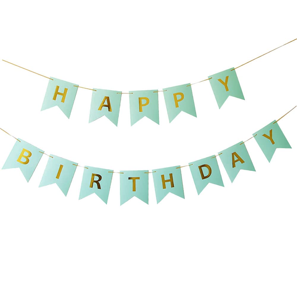 Photo 1 of 1 Set Mint Green Happy Birthday Banner Bunting Flags with 1 Ribbon Roll