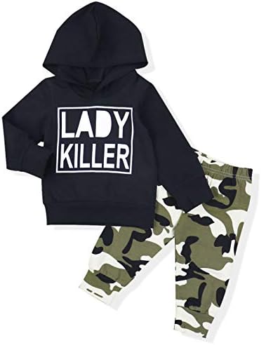 Toddler Baby Boy Clothes Long Sleeve Funny Print Hoodie and Camouflage Pants Outfits Set