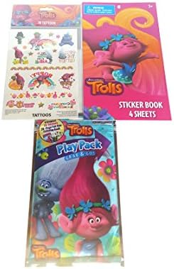 Trolls Kids Activity Treat Bag Bundle of Three (3) Items includes Troll Play Pack, Tattoos and Sticker Book