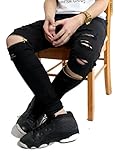 Vogstyle Men's Slim Fit Destroyed Jeans with holes Pencil pants Slim zipper Jeans with holes Style 1 black-32
