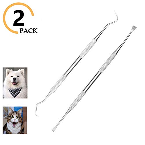 Dog Tooth Care Dental Scaler and Dental Scraper Tool with 2 Pack Pet Tarter Remover with Different Angles Double Head, Stainless Steel Teeth Cleaning Tools for Dogs, Cat