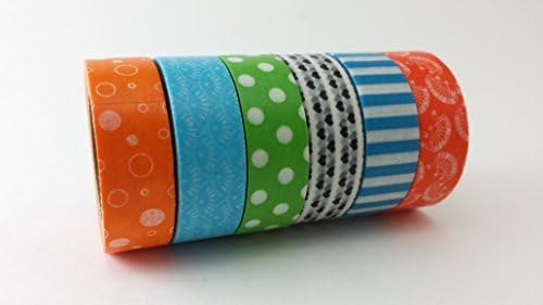 Washi Tape - 6 Pack - Bright pattern set - 15 mm x 10 mm - for crafting, scrapbooking, journaling, and decorating