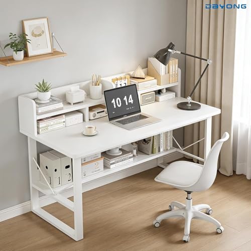 DAYONG Modern Minimalist Study Desk with Bookshelf, 100CM Computer Table with Multi-Level Storage, PC Gaming Workstation Home Office Writing Desks (White-100cm)
