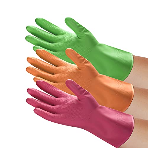 HSL Household Cleaning Gloves - 3 Pairs Reusable Rubber Gloves - Multifunctional Kitchen Dishwashing Gloves Waterproof, Non-Slip (3 Colors, Small)