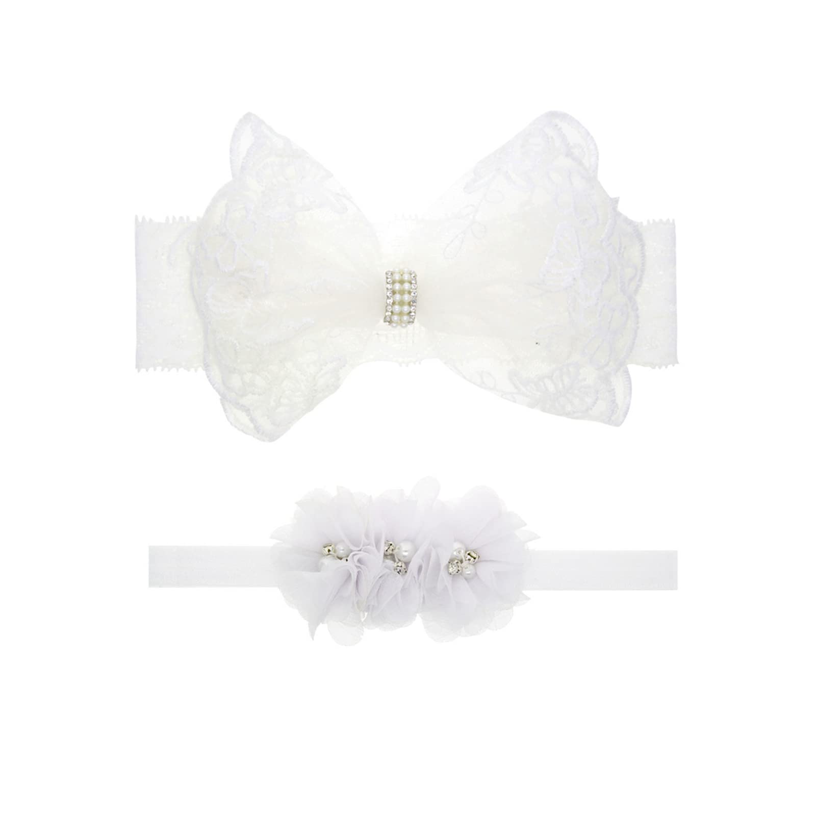 Nishine 2 Pack Christening Headband for Babies with White Bow for Children (Circle Button)