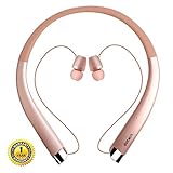 Bluetooth Headphones, DolTech Wireless Neckband Headset with Auto Retractable Earbuds, Sports Sweatproof Noise Cancelling Stereo Earphones with Mic (Rose Gold)