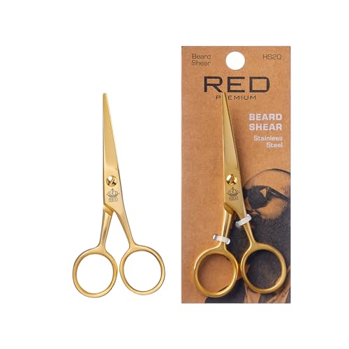 RED by Kiss Premium Stainless Steel Men Beard Shear, Grooming Facial Hair Trimmer Scissors with Sharp Edge for Mustache Beard & Sideburns Precision, No Pulling, Control & Comfort with Perfect Size