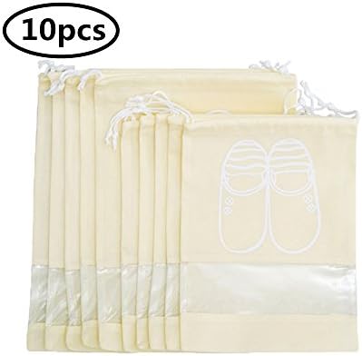 YUMMAYEE 10 Pcs Dust-proof Shoe Bags Drawstring with Window Travel Shoe Storage Bags Shoes Organizer Beige