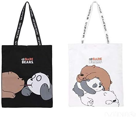 GlobalEdge We Bare Bears Shoulder Tote Bag Reusable Eco-Friendly Black or White Features Grizzly, Panda and Ice Bear