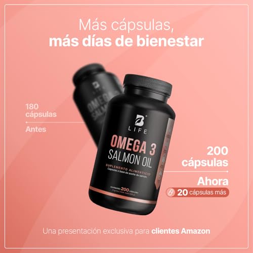 Omega 3 Aceite Puro de Salmón de 200 Cápsulas con 1000 mg por porción. Ingredientes Naturales. Omega 3 Salmon Oil B Life.