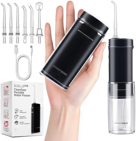 Tragbare Munddusche, kabelloses Mundduschegerät für Reisen, 3 Druckstufen, 6 Aufsätze, IPX8 Teleskop-Wassertank, USB-C wiederaufladbare Taschen-Munddusche, QR-7112 (Schwarz)