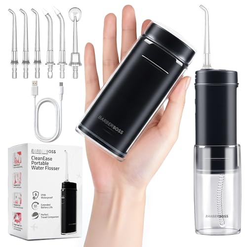 Tragbare Munddusche, kabelloses Mundduschegerät für Reisen, 3 Druckstufen, 6 Aufsätze, IPX8 Teleskop-Wassertank, USB-C wiederaufladbare Taschen-Munddusche, QR-7112 (Schwarz)