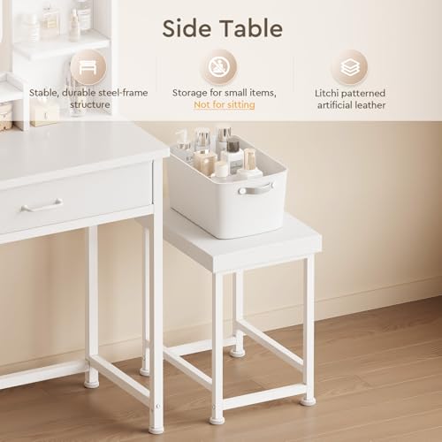 Makeup Vanity Desk with Mirror and Lights, Small Vanity with Fabric Storage Drawer & Side Table & Shelves, White Compact Makeup Vanity for Bedroom