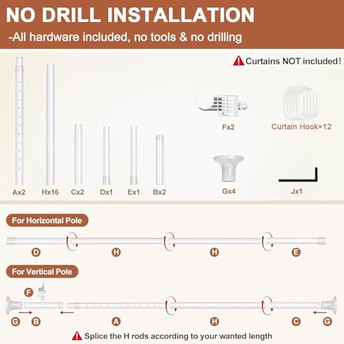 Dsocool Room Divider Curtain Rod, No Drilling Room Separator for Space Partition Adjustable 122-305cm(H) 70-177cm(W) Heavy Duty Temporary Wall Divider Floor to Ceiling Tension Rod, White