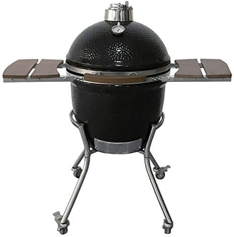 Kamado Charcoal Barbecue Egg Grill and Smoker Ceramic Briquettes Griller with Accessories Cart & Ash Tool & Thermometer BBQ Kamado Style Cooker，Black