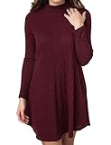 Finego Women's Knitted Mock Neck Long Sleeve A Line Sweater Dress with Pockets