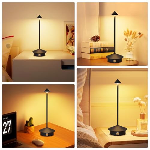 Sunsign Lámparas de Mesa Inalámbricas, Pequeña Lámpara de Escritorio Portátil,3 Temperaturas de Color y Regulable, Lámparas de Mesa para Dormitorio, para Sala de Estar, Restaurante (Negro)