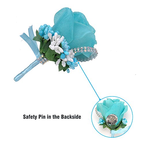 YSUCAU Rose Boutonniere Handmade Corsage Classic Artificial Groom Flowers Brooch with Pin for Wedding Prom Party (Blue)