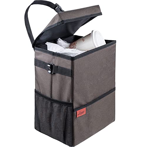 Lusso Gear Car Trash Can, 3.5 Gallon Capacity, Brown Color, Manual-Lift Opening Mechanism