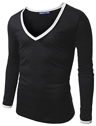 Doublju Mens Deep V-Neck T-shirts with Contrast Ham