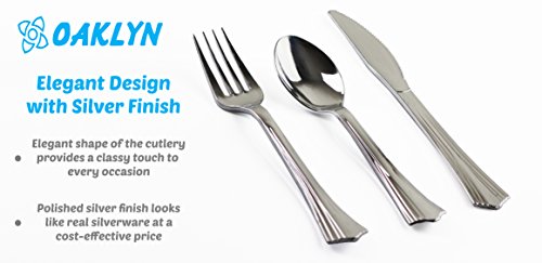(150 Count) Heavy Duty Silver Plastic Cutlery Set - 50 Forks 50 Knives 50 Spoons - Quality Bulk Disposable or Reusable Fancy Plastic Silverware Perfect For Parties